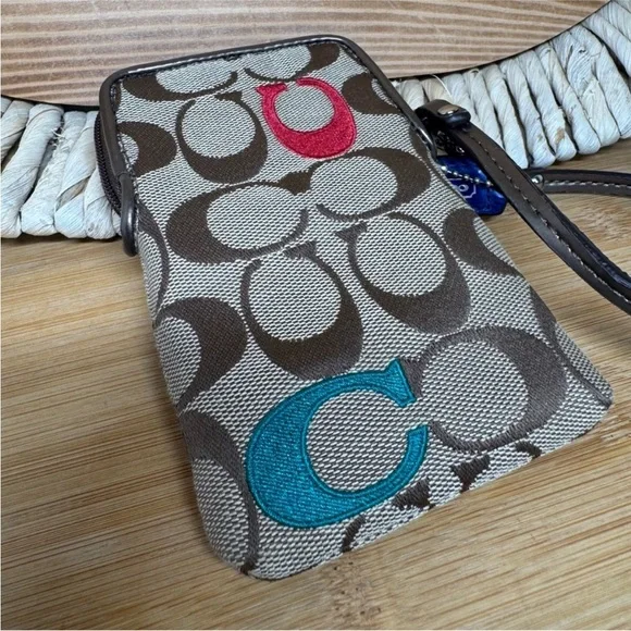 Coach Brown Signature Canvas Phone Case Mini Wristlet with Pink Red Blue Green C - Picture 6 of 15